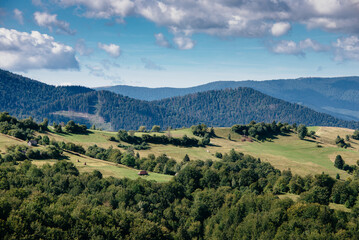 Scenic landscape of the countryside near alpine mountains. View of green hills covered by trees. Summer natural background.
