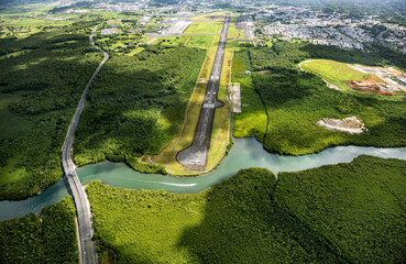 Aerial view of airport on Grande-Terre, Guadeloupe, Lesser Antilles, Caribbean. - obrazy, fototapety, plakaty