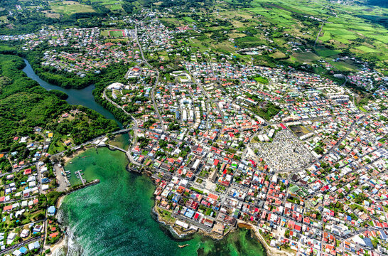 Aerial view of the town Le Moule, East coast, Grande-Terre, Guadeloupe, Lesser Antilles, Caribbean.