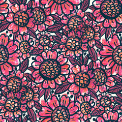 Seamless pattern with bright tropical flowers  for summer fabrics.  Acrylic painting.. Hand-drawn illustration. 