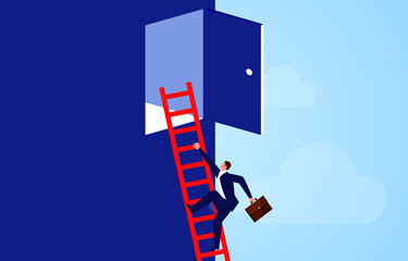 Businessman climbing a ladder to reach an open door in the sky, challenges and opportunities