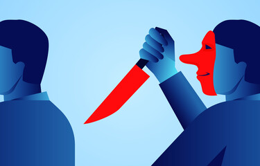 Stabbing a knife in the back of a man, businessman wearing a mask holding a knife and stabbing his fellow man, dishonesty, evil thoughts and plans