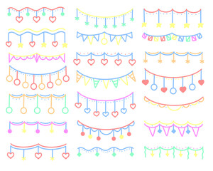 Colored festive set bunting and garlands doodle style. Collection handmade holiday decorations. Hang decoration baby holiday isolated vector illustration