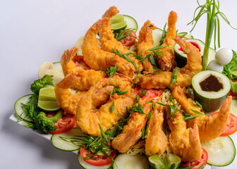 Eastern food. Fried crispy shrimp with vegetables on white background.