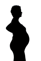Portrait of pregnant woman. Pregnant happy Woman touching her belly, making photo session in studio