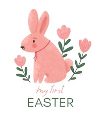 Happy Easter watercolor print. Cute spring illustration with rabbit. My first Easter.