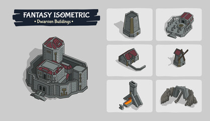 Dwarven Fortress Fantasy game assets - Isometric Vector Illustration