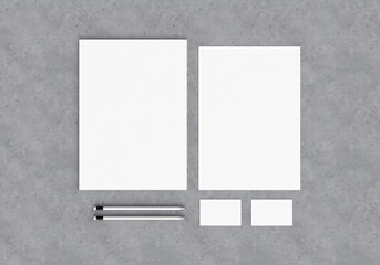Base white stationery mockup template for branding identity on a gray concrete background for graphic designers presentations and portfolios. 3D rendering.