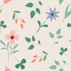 Cartoon spring colorful flowers seamless pattern on bright pastel background. Design for textile, background.