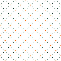 Seamless pattern with orange hearts and green dots.