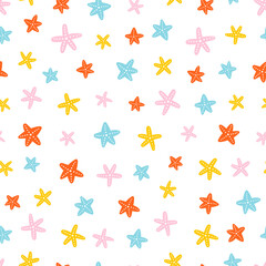 White seamless pattern with colorful starfish.