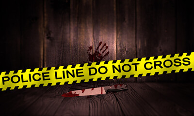 Crime Scene with Police Line Tape. Do Not Cross Caution Sign. Wood  Vintage Interior with Bloody Knife and Blood Splash Hand. Science Police Investigation and Murder Justice 