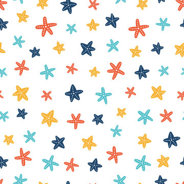 White seamless pattern with colorful starfish.