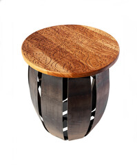 Stylish table of carved wood and metal, vintage and modern mix, isolated on white background.