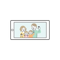 イラスト素材:携帯電話のビデオ通話を利用してオンライン帰省をする様子（手を振る若夫婦家族/主線あり）
