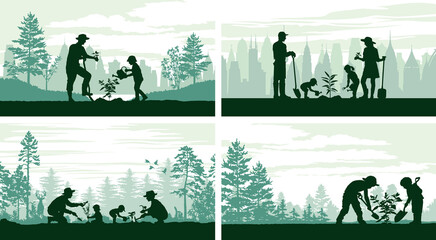 Family planting trees in the city and in the woods vector silhouette label collection
