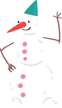 Happy Snowman White Character in Hat with Carrot Nose Standing and Waving Hand