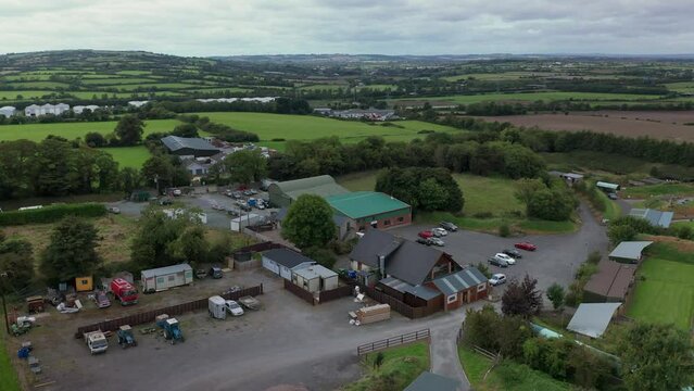 Aerial drone view of Irish countryside,  farmlands, and shooting range.Dublin county, Ireland. Rural Irish landscape.