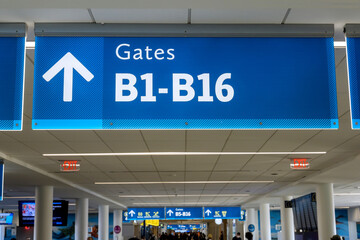 International Airport sign Gates B1- B16 in air terminal