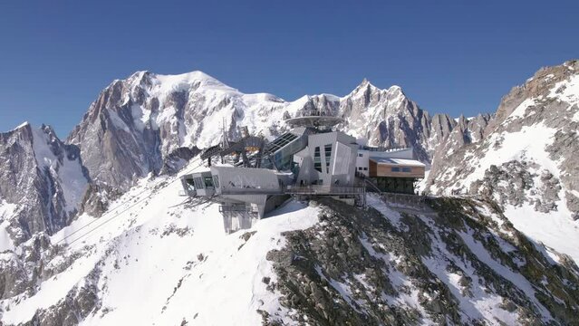 Aerial view of the Skyway cable car station at Helbronner peak on the Mont Blanc mountain.