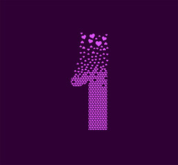 Heart number 1 animated pixel dot logo. Big 1 mark pixels up. It is filled with hearts. Complementary and integrative pixel movement. The modern heart connects the dots.