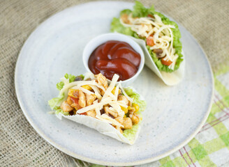 Authentic mexican tacos with chicken and salsa with  tomatoes and chillies. Mexican cuisine. Top view