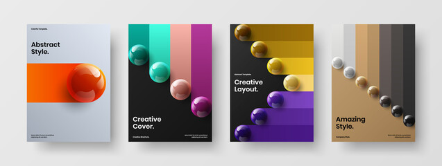 Trendy company identity A4 vector design illustration composition. Simple realistic spheres magazine cover template collection.