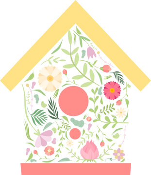 Nesting Bird House with Blooming Flora and Green Leaves as Spring Fresh Flower Growth