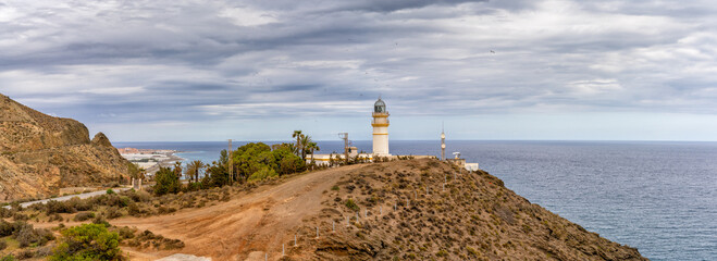 panorama view of the Cabo Sacratif lighthouse on the coast of Andalusia near Motril