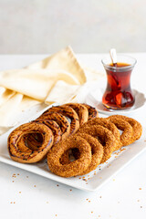 Traditional middle eastern sesame ring cookies called kandil simidi. Turkish sesame bagel. Close up