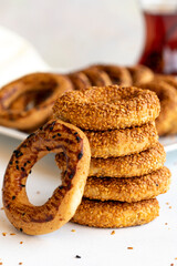 Traditional middle eastern sesame ring cookies called kandil simidi. Turkish sesame bagel. Close up