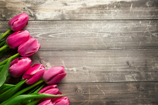 Spring tulips flowers on a old wooden background. 