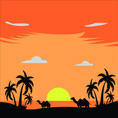 picture of a sunset with two palm trees and two camels