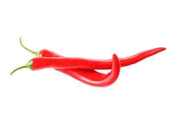 Two red hot chili peppers isolated on white background.