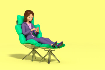 Fototapeta na wymiar A business girl is sitting resting in an armchair and looking at a mobile phone. 3D render