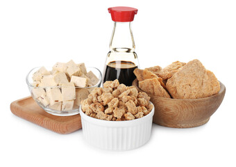 Different natural soy products on white background