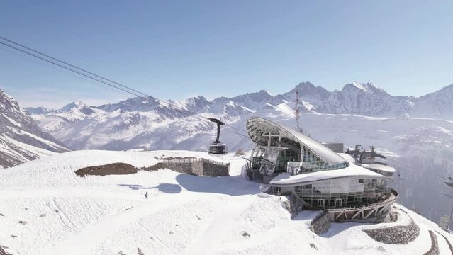 Aerial view of the Skyway cable car middle station on the Mont Blanc mountain.