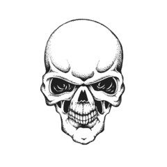 Evil Human Skull. Print or Tattoo Design. Hand Drawn Vector Illustration