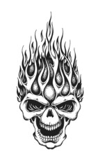 Burning Skull with Tongues of Flame. Print or Tattoo Design. Hand Drawn Vector Illustration