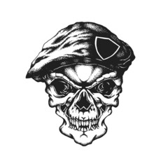 Special Ops Military Commando Marine Soldier Warrior Skull Wearing Beret Cap. Print or Tattoo Design. Hand Drawn Vector Illustration