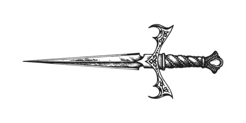 Ancient Medieval Dagger. Print or Tattoo Design. Hand Drawn Vector Illustration