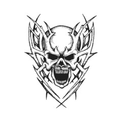 Spiked Devil Skull. Print or Tattoo Design. Hand Drawn Vector Illustration