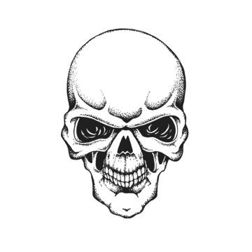 Evil Human Skull. Print or Tattoo Design. Hand Drawn Vector Illustration