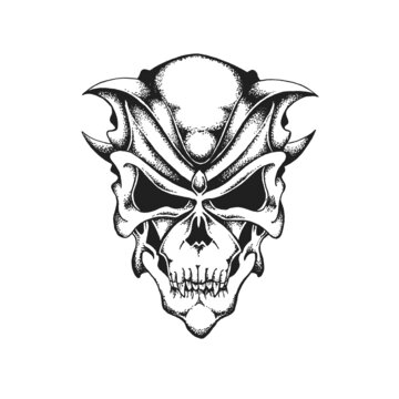 Evil Demon Skull. Print or Tattoo Design. Hand Drawn Vector Illustration