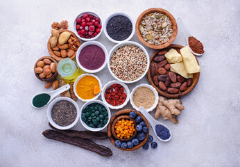 Various superfoods and healthy food supplement.