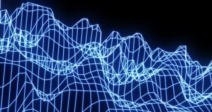 Glowing digital landscape in wireframe. Wave and network of big data concept. Seamless loop of digital connection grid.