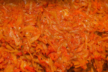 The texture of stewed cabbage closeup. Healthy homemade food.