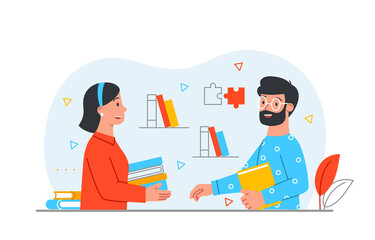 Books lover club. Man and girl in library discussing what they have read. Love for literature, education and fiction. Useful hobby with friends, poster or banner. Cartoon flat vector illustration