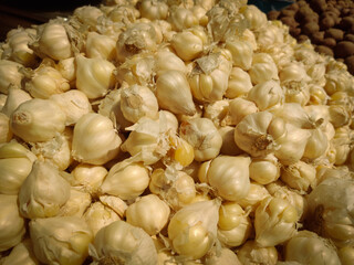 Lots of garlic on the market place soft focus images.