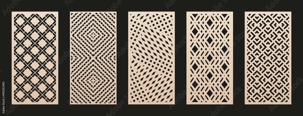 Poster Laser cut pattern set. Vector collection of cutting templates with abstract geometric ornament, grid, mesh, lines, chevron. Decorative stencil for laser cut of wood, metal, plastic. Aspect ratio 1:2